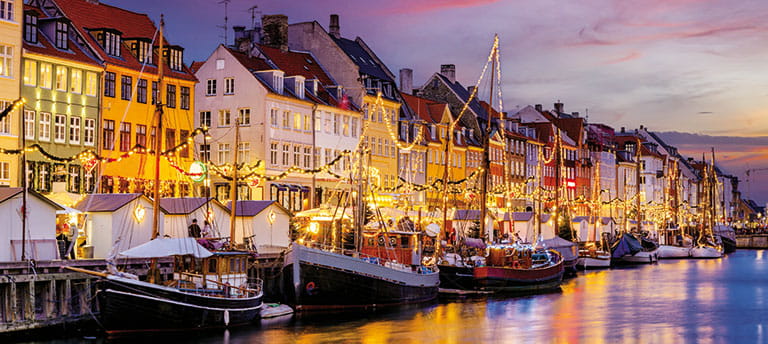 The Nyhavn District in Copenhagen, decorated for Christmas